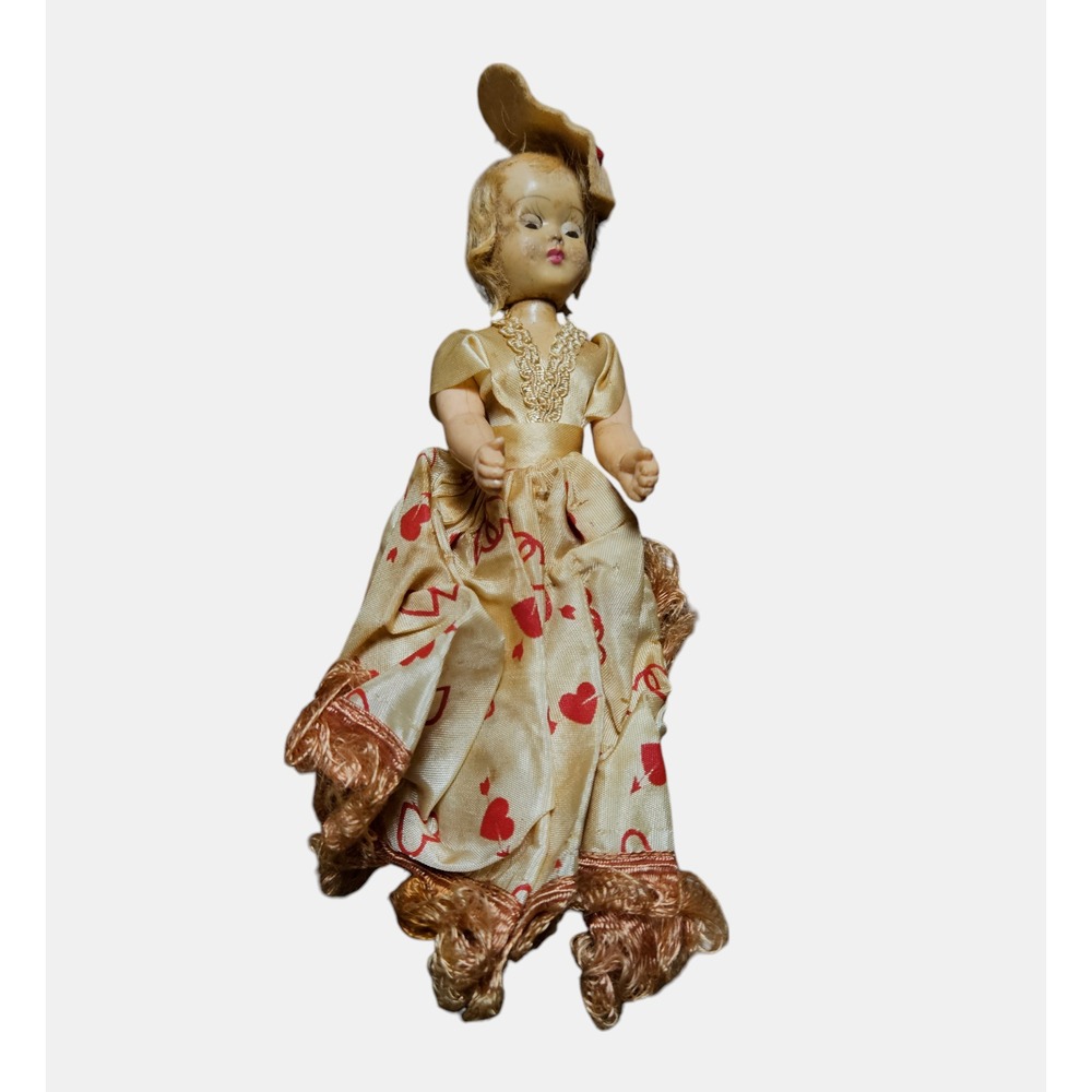Vintage Victorian European Doll 7" Blinking Eyes Hearts Printed Dress 50s 60s